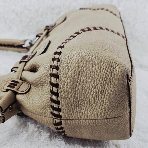 BRIGHTON Beige Pebble Leather Hobo Shoulder Bag Whipstitching Tassel Drawstring - Picture 8 of 16